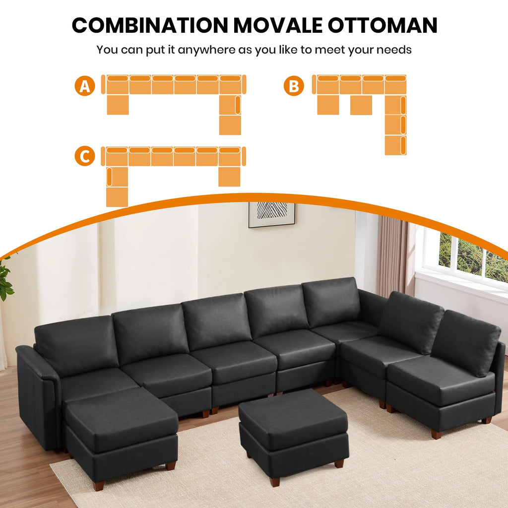 115" Modern Sectional Sofa, Faux Leather Modular Sectional Couchs with Storage Waterproof Convertible U/L Shaped Wide
