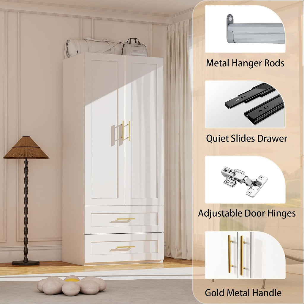 White Wardrobe with 2 Doors: 75" Tall Armoire Wardrobe Closet with 2 Drawers, Bedroom Closet Cabinet for Hanging