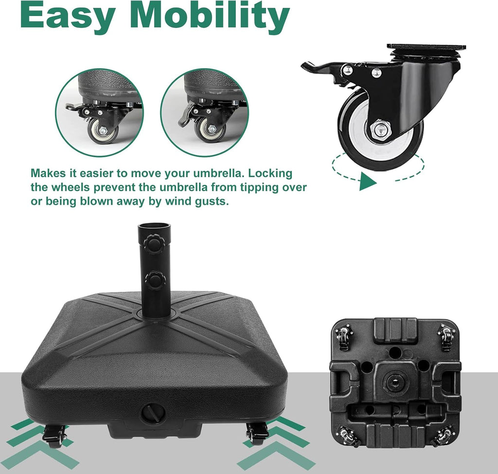 Patio Umbrella Base Heavy Duty with Wheels Square Market Stand 4 Locks 2 Knobs 125lb Capacity, Black