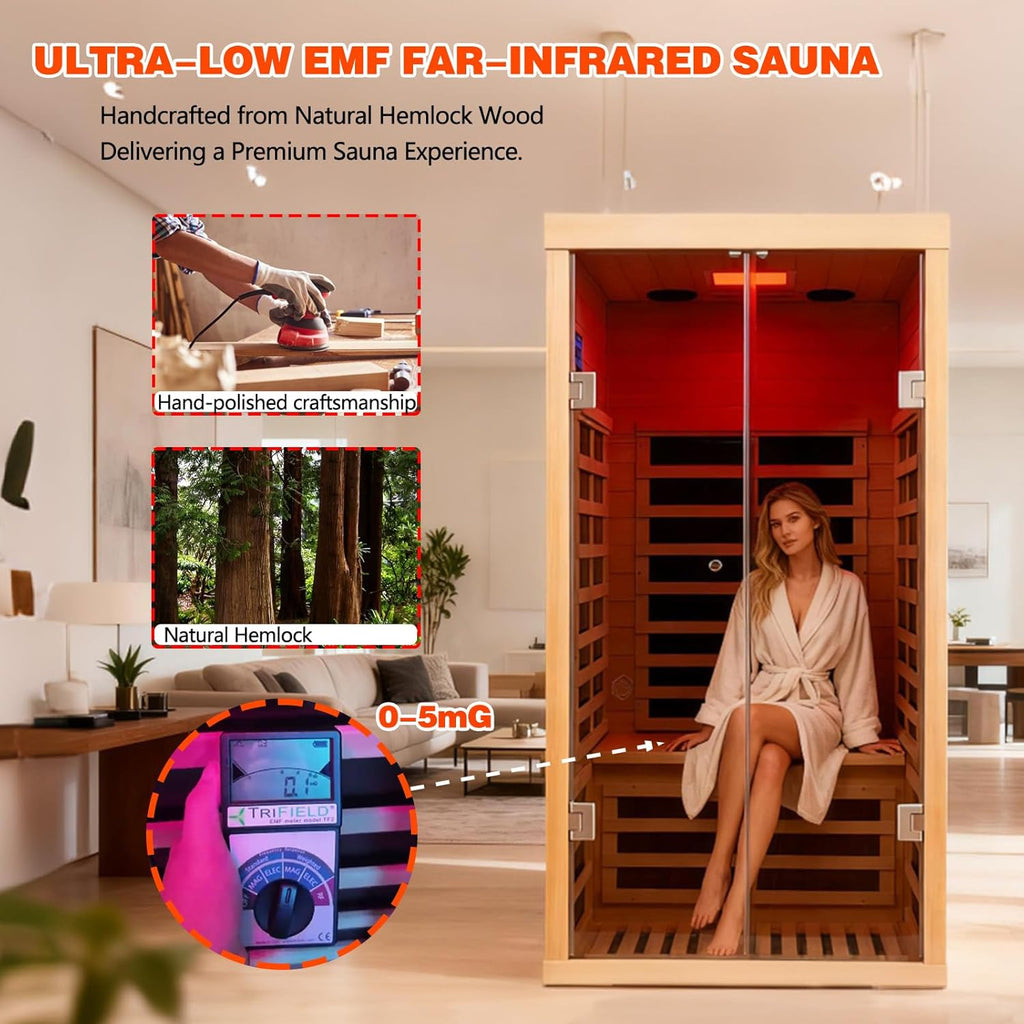 Smart APP Control 1 Person Ultra Low EMF (0-5mG) Far Infrared Sauna for Home