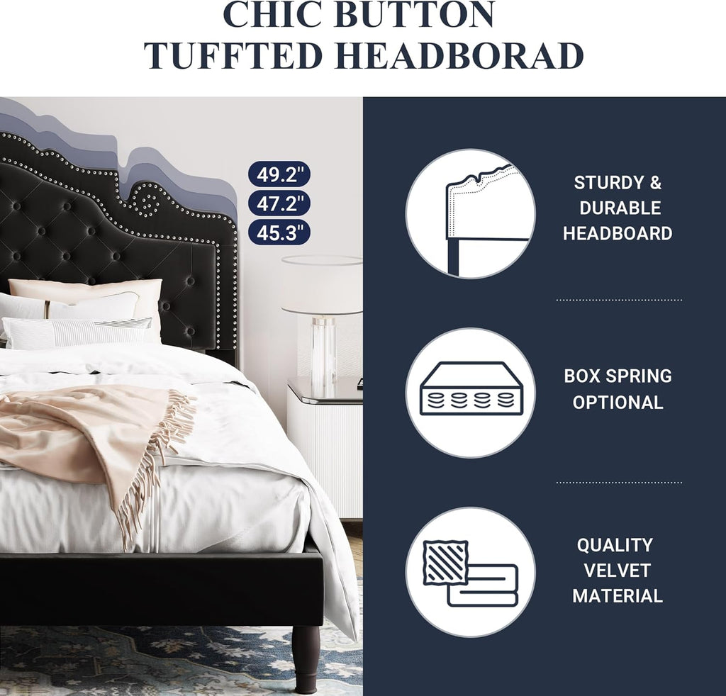 King Bed Frame with Adjustable Velvet Tiara Headboard, Upholstered Diamond Button Tufted Platform Bed