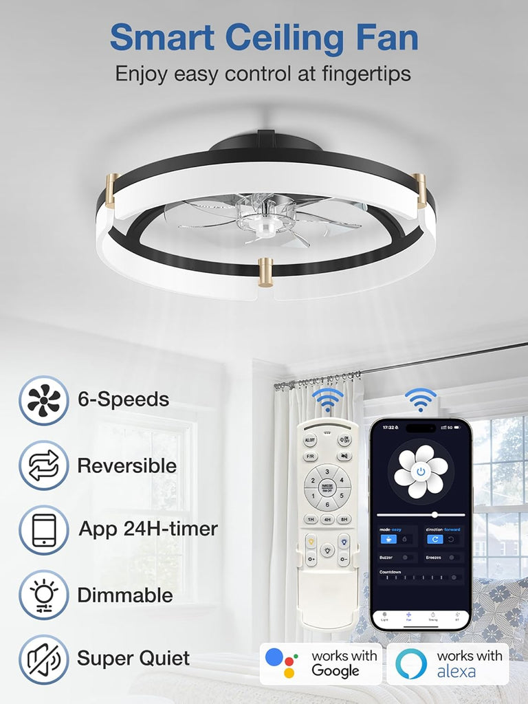 20" Smart Ceiling Fans with Lights,Control via Remote Alexa App,Quiet,Low Profile Flush Mount Bladeless Ceiling Fan