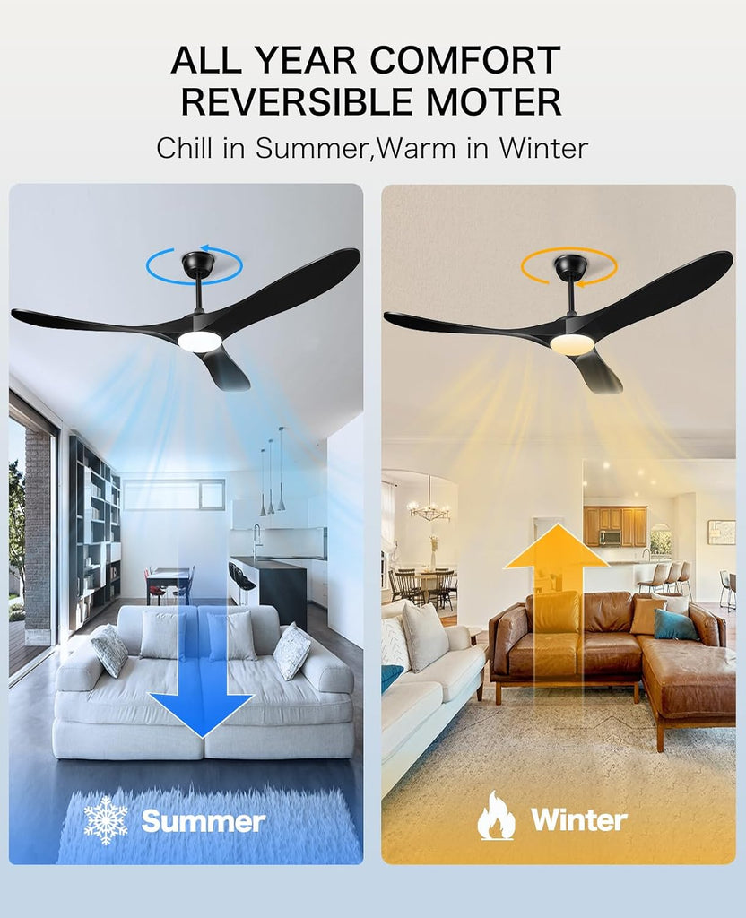 Inspired Maverick Style Ceiling Fans with Lights and Remote, 3 Solid Wood Blades, Outdoor Wooden Ceiling Fan with 2 Downrods for Patios, 60 Inch Modern Ceiling Fan with Noiseless Reversible DC Motor (Black)
