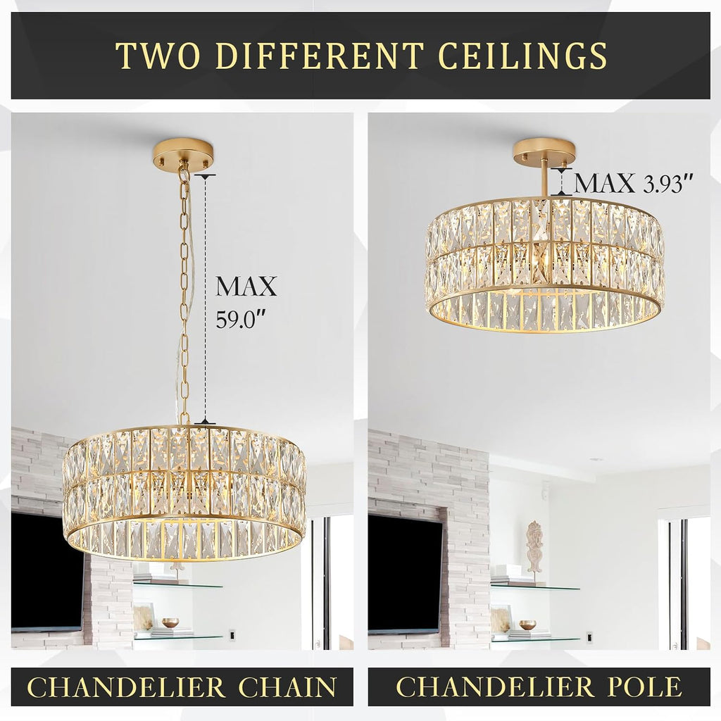 Modern Crystal Chandelier for Dining Room Gold Semi Flush Mount Ceiling Light Fixtures 18" Large Round Crystal