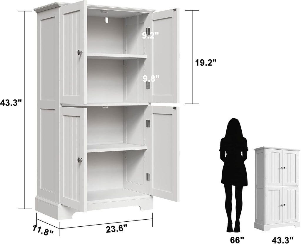 Bathroom Floor Cabinet with Adjustable Shelves | Bathroom Storage Cabinet, 4 Doors, Freestanding Cupboard , White
