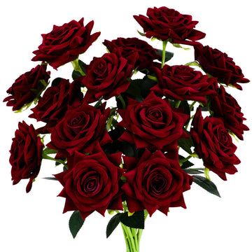 15PCS Burgundy Roses, Artificial Flowers 4.33" Velvet Flowers with Long Stem Fake Roses for Mom, Wife, Anniversary