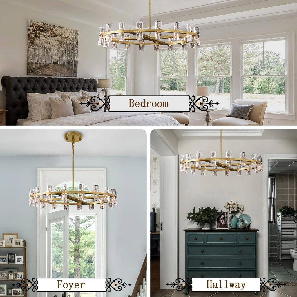 Inspired Arcachon Style Round Wagon Wheel Chandelier, 32" 32-Light Gold — Foyer, Dining & Living Room