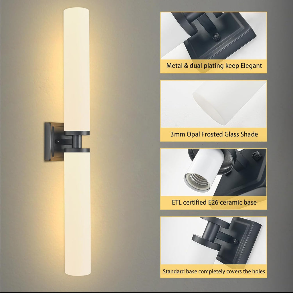 Black Wall Sconces Set of Two, Modern Bathroom Sconce with Frosted Glass, Hardwired Wall Light Fixtures for Bathroom