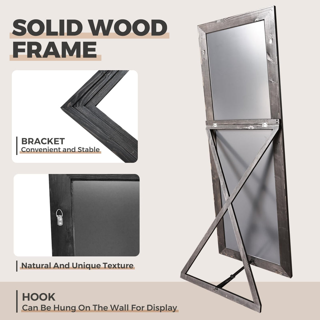 Full Length Mirror, 65 x 22 Inch Solid Wood Floor Mirror, Black