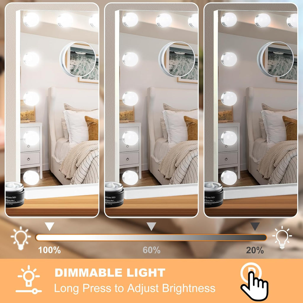 Vanity Mirror with Lights, Hollywood Lighted Makeup Mirror with 15 Dimmable Bulbs and 10X Magnification, 3 Colors
