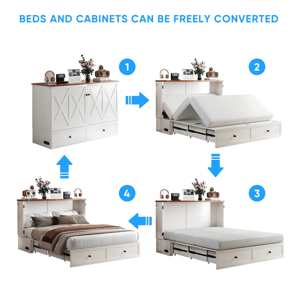 Murphy Bed Queen with Tri-Folding Mattress, X-Frame Cabinet Bed with Charging Station and Storage