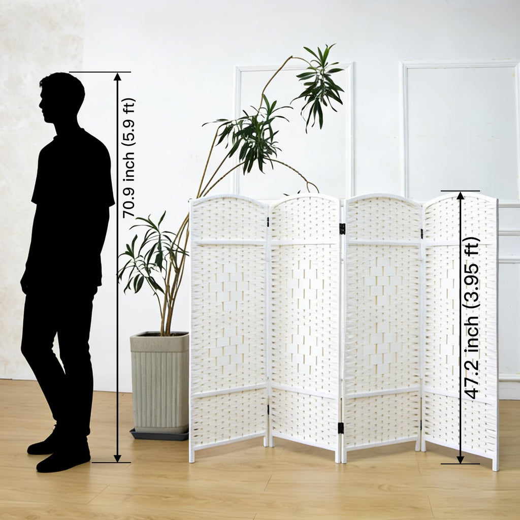 4 Panel Rattan Divider Short Room Partition Screen, Double Sided Folding Divider for Room Separation, White, 47.2" H x