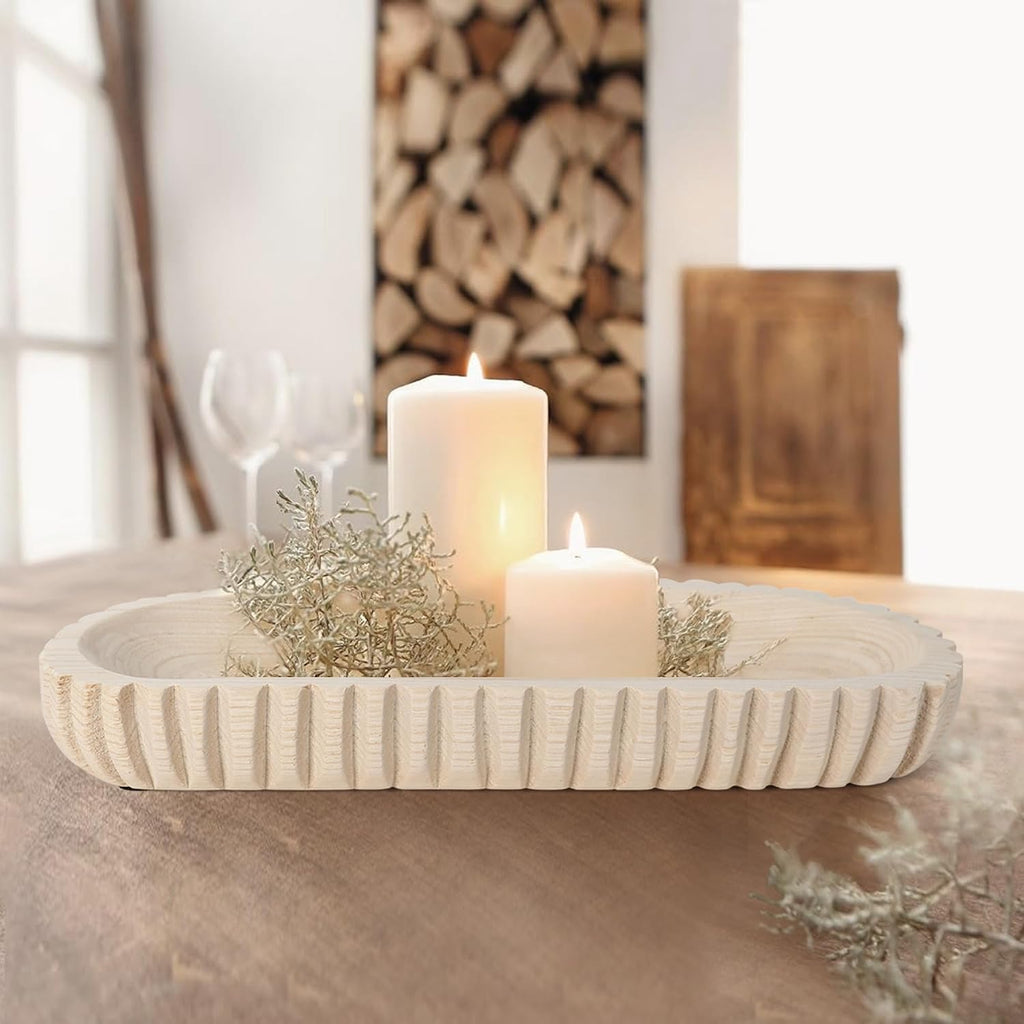 Decorative Dough Bowl Decor, 16" Hand-carved Wood Bowl | Rustic Table Centerpiece Tray with Vertical Stripes, Home