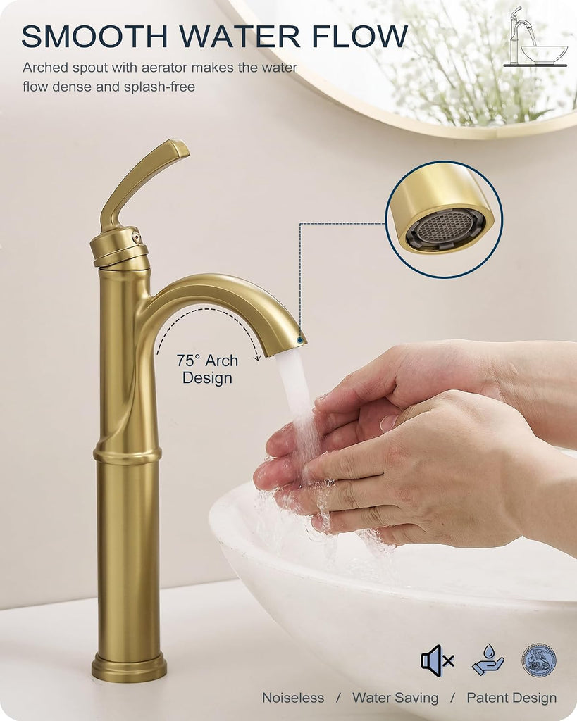 Gold Vessel Sink Faucet, Brass Tall Bathroom Sink Faucet One Hole with 1 Handle, Pop Up Drain