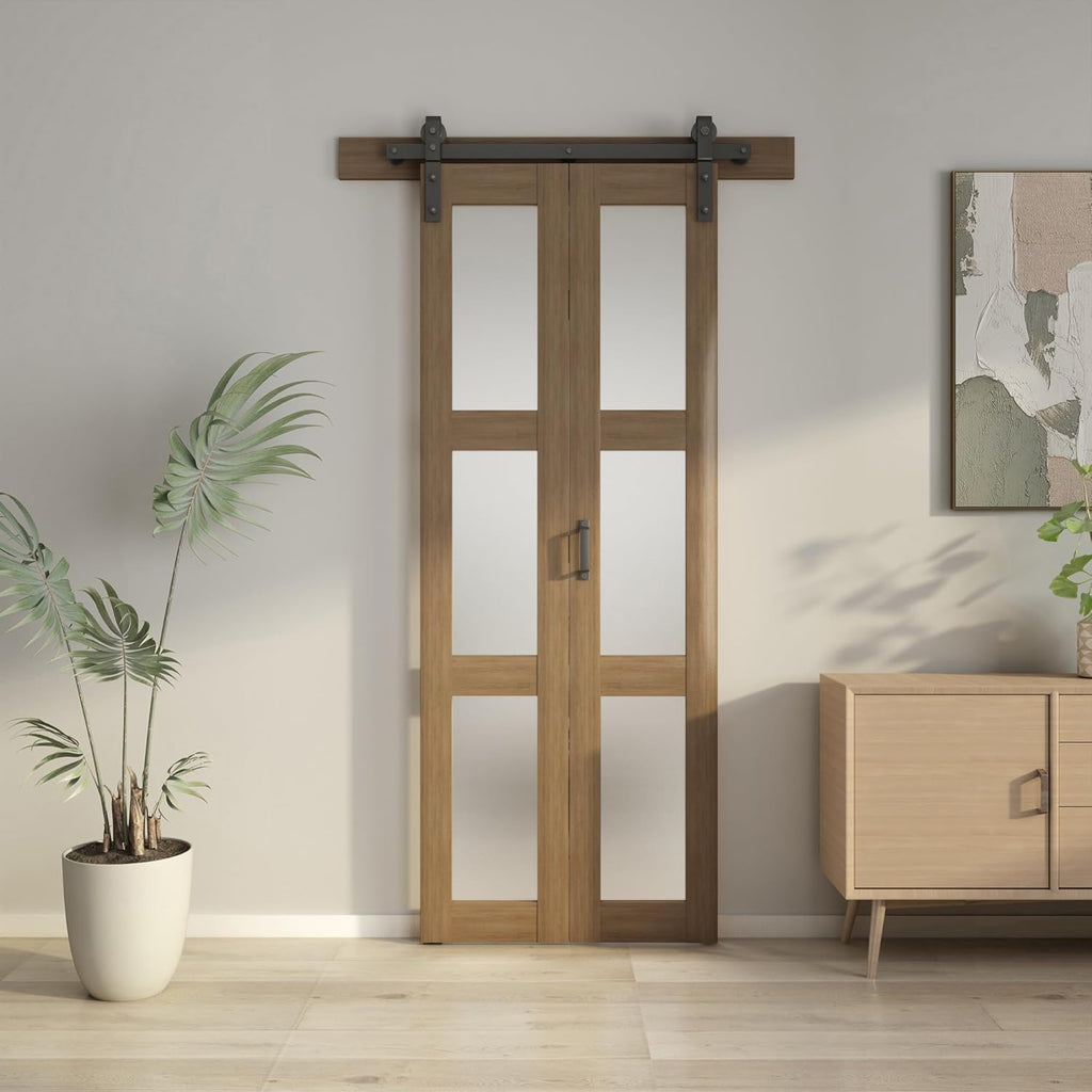 Bifold Glass Barn Door, 32Inch Bi Fold Sliding Barn Door Kit with Hardware Include, 3-Panel Glass Ba