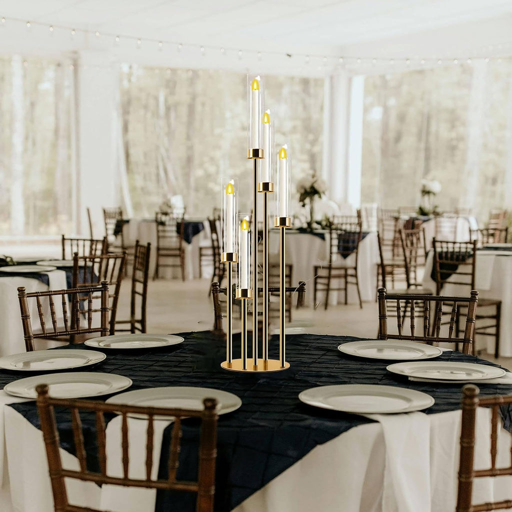 Candelabra Gold Centerpiece 5 Arms Taper Candle Holder Gold Centerpiece with Acrylic Tubes for Table Decoration
