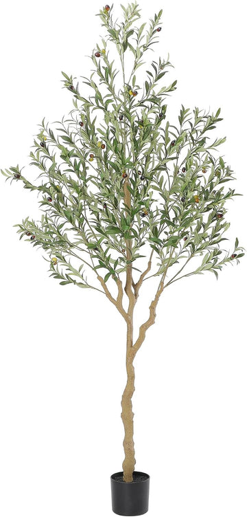 Tall Faux Olive Tree,7ft(84in) Realistic Potted Silk Artificial Indoor with Green Leaves and Big Fruits Living Room