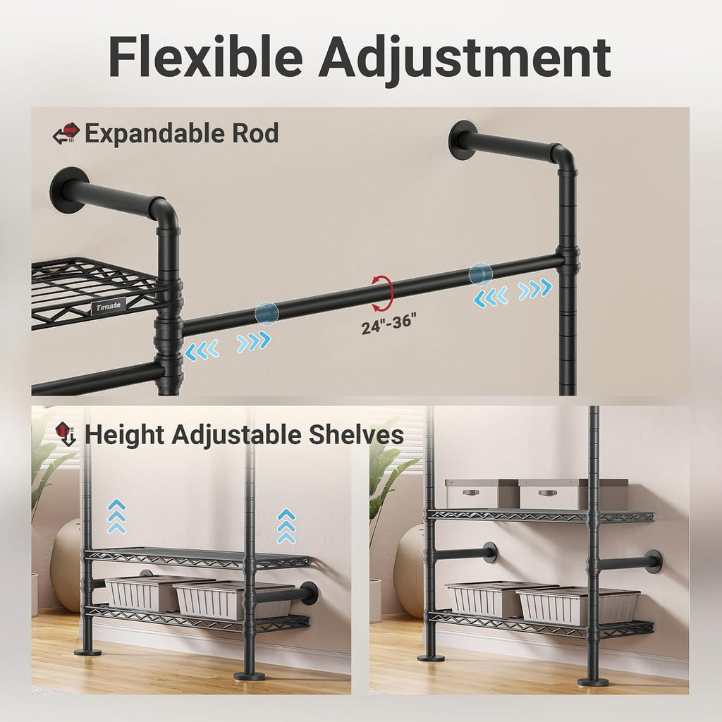 L6 Closet Rack Wall Mount for Corner - Expandable Industrial Pipe Closet , Heavy Duty Hanging Garment Rack, Closet