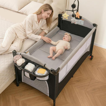 Pack and Play, 5 in 1 Baby Bedside Sleeper with Bassinet, Diaper Changer, Mattress, Carry Bag, Music Box Hanging