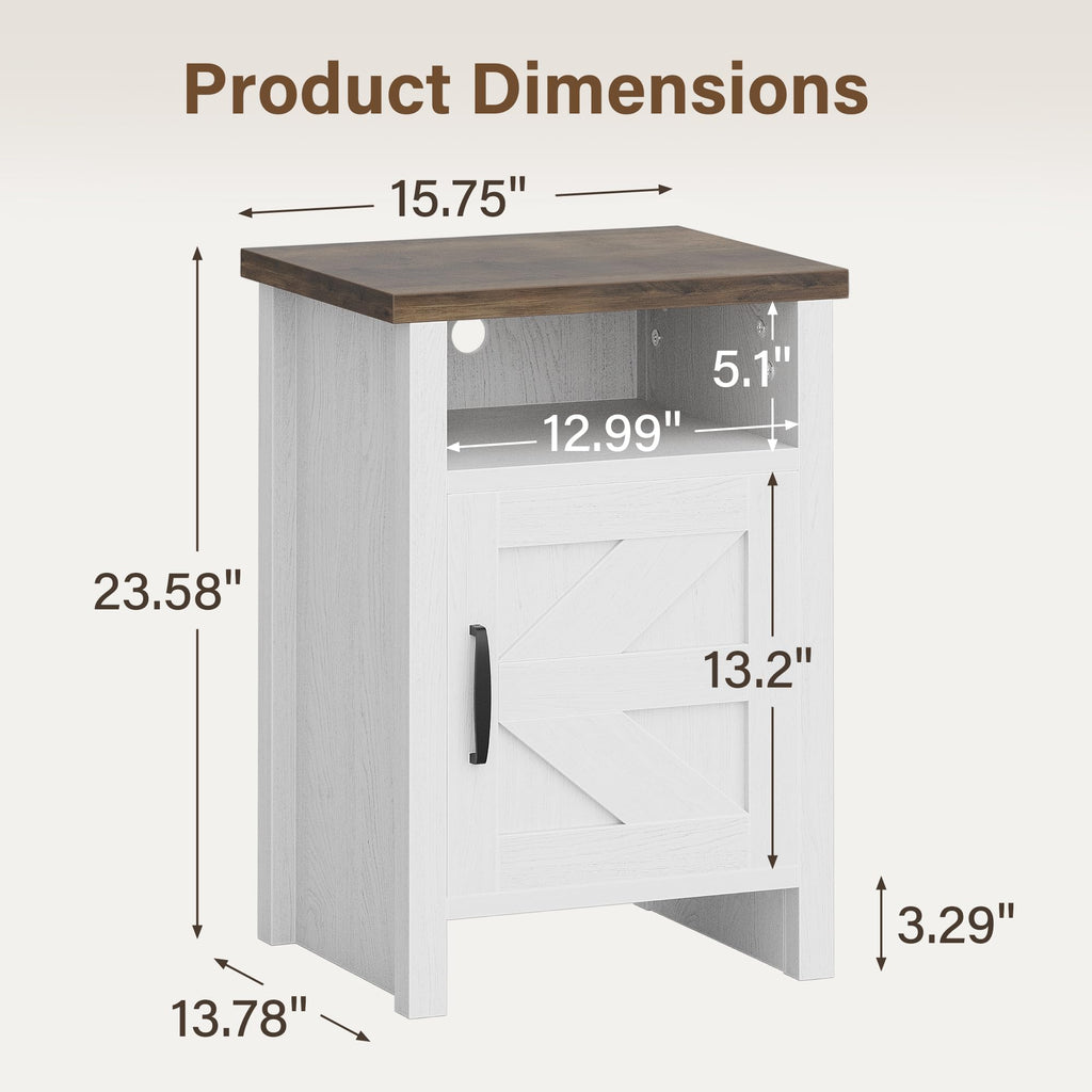 Farmhouse Nightstand with Barn Door, Rustic Brown & White