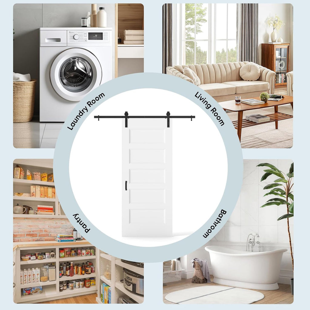 36"x84" Sliding Barn Door, 5-Panel White Primed Hollow Core Interior Molded Door Slab with 6FT Hardw