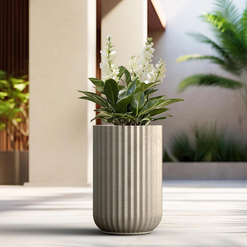 Large Round Column Weathered Concrete Planter 21.7" Tall, Outdoor | Fluted, Rubber Plug for Indoor, Drainage for