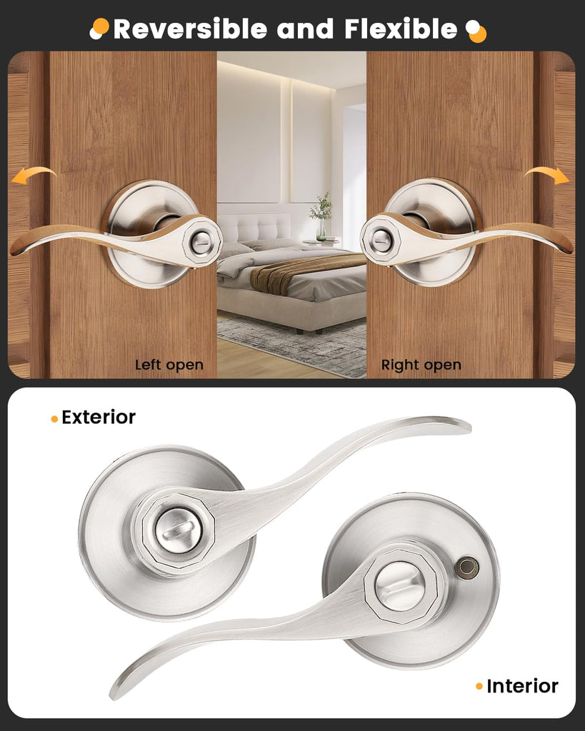 6 Pack Privacy Locksets Interior Door Levers/Handles Bath, Wave Levers, Right Left Handed Door Knobs, Satin Nickel