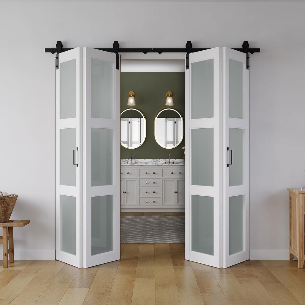 72in x 84in Bifold Barn Door, Frosted Glass Barn Door with Hardware Kit Included, Pre-Drilled Holes 