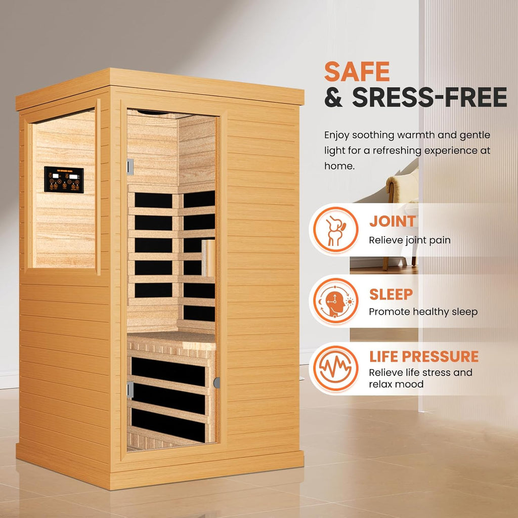 Far Infrared Sauna Home Sauna Spa Room Canadian Hemlock Wood 1200W Indoor Saunas Low EMF 110V with 7 Color Light and Tempered Glass Door, Room: 35.2 * 27.6 * 61.6Inch