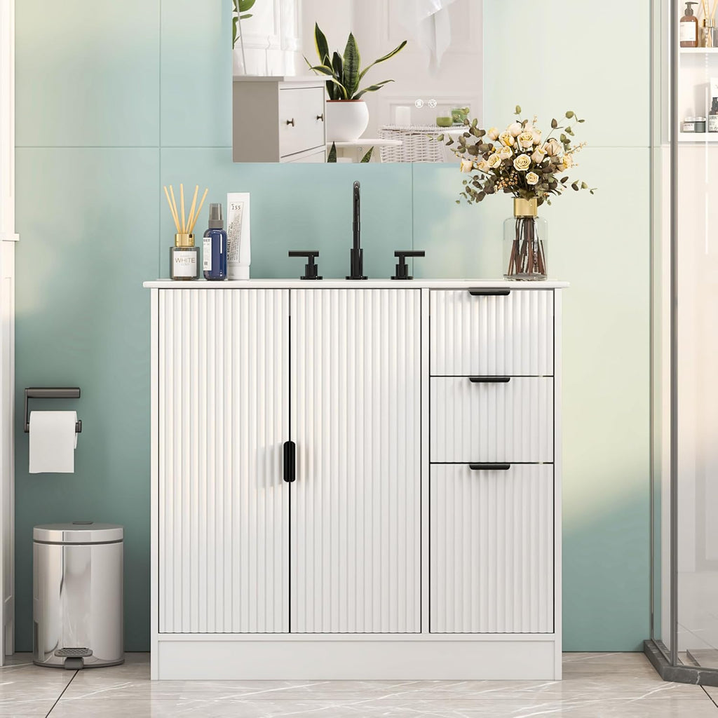 Freestanding Bathroom Vanity with Ceramic Sink, Large Storage Cabinet with Drawers