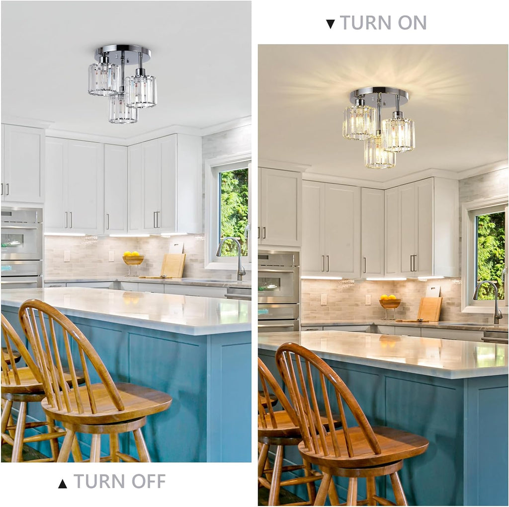 Semi Flush Mount Ceiling Light,3-Light Modern Close to Ceiling Light Fixtures,Kitchen Light with Clear Crystal