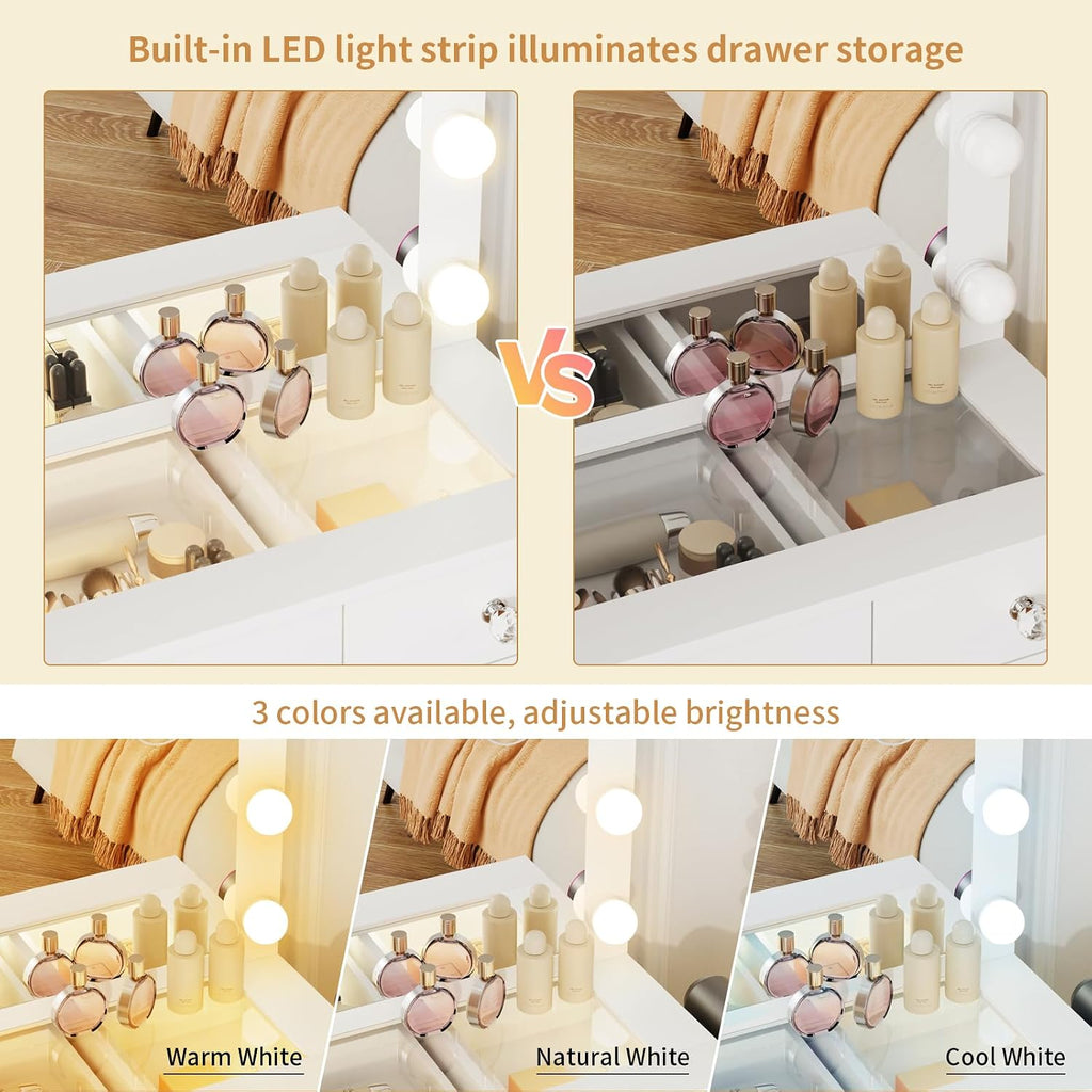 Vanity with Lighted Mirror - 46" Makeup Vanity Desk with Glass Top | Makeup Table with 11 Drawers, 3 Color Lighting