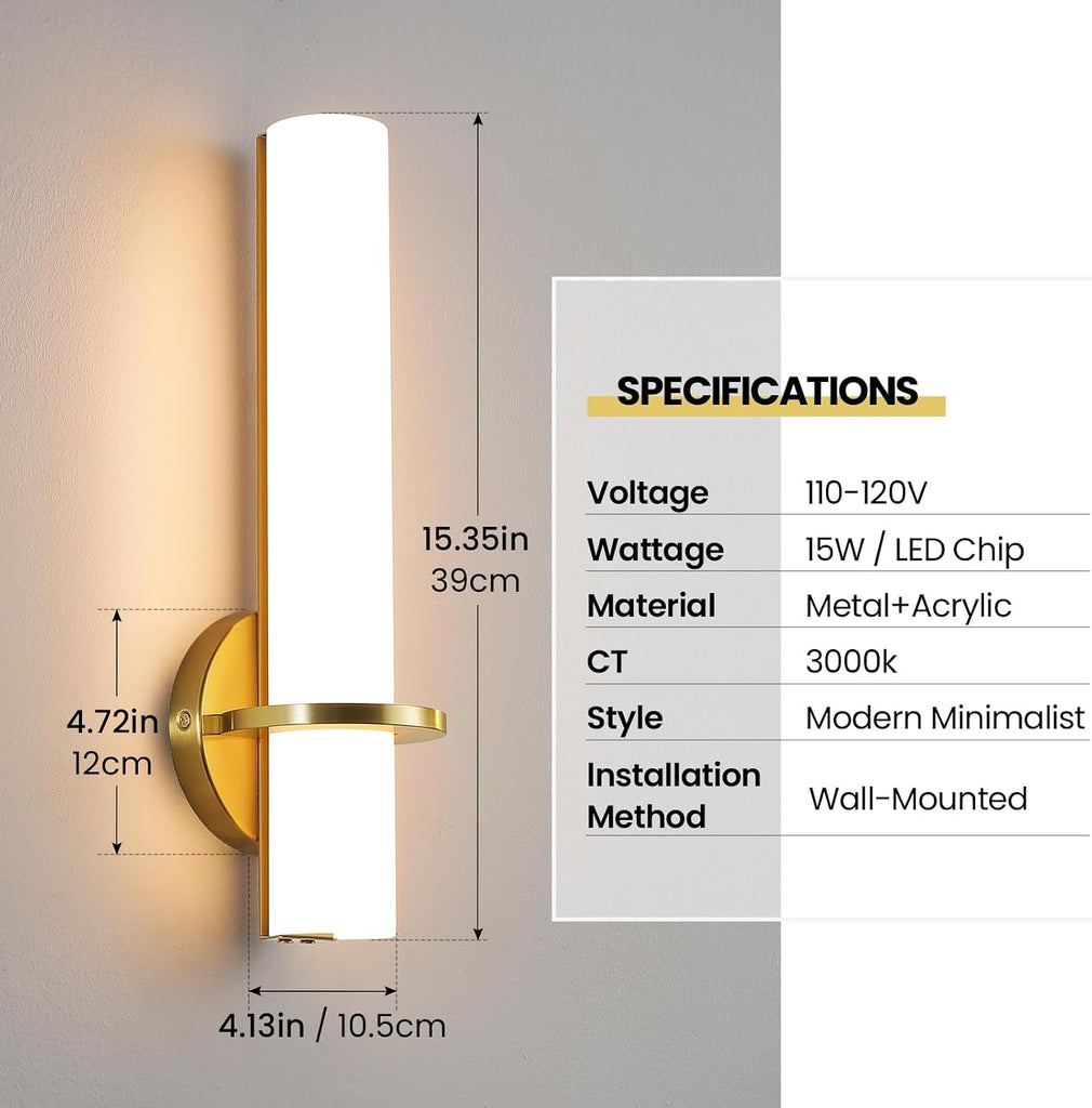 Wall Sconces - 15 inch Gold Wall Sconces Set of Two Modern Bathroom Sconce 15W Dimmable LED Wall Sconce Light with