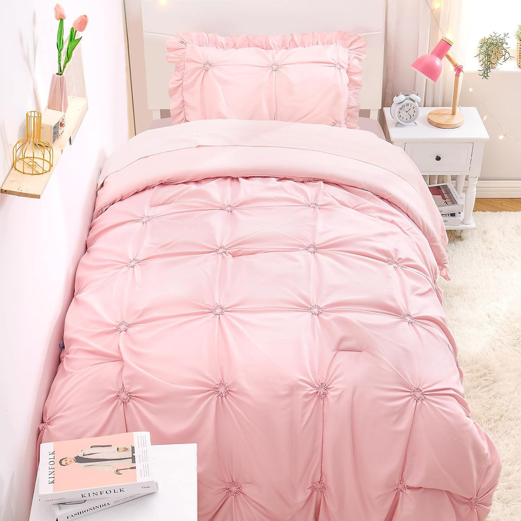 Twin Comforter Set for Girls, Boho Pintuck Bedding Comforter Sets, 4 Pieces Ruffles Jacquard Embroidery Twin Bedding
