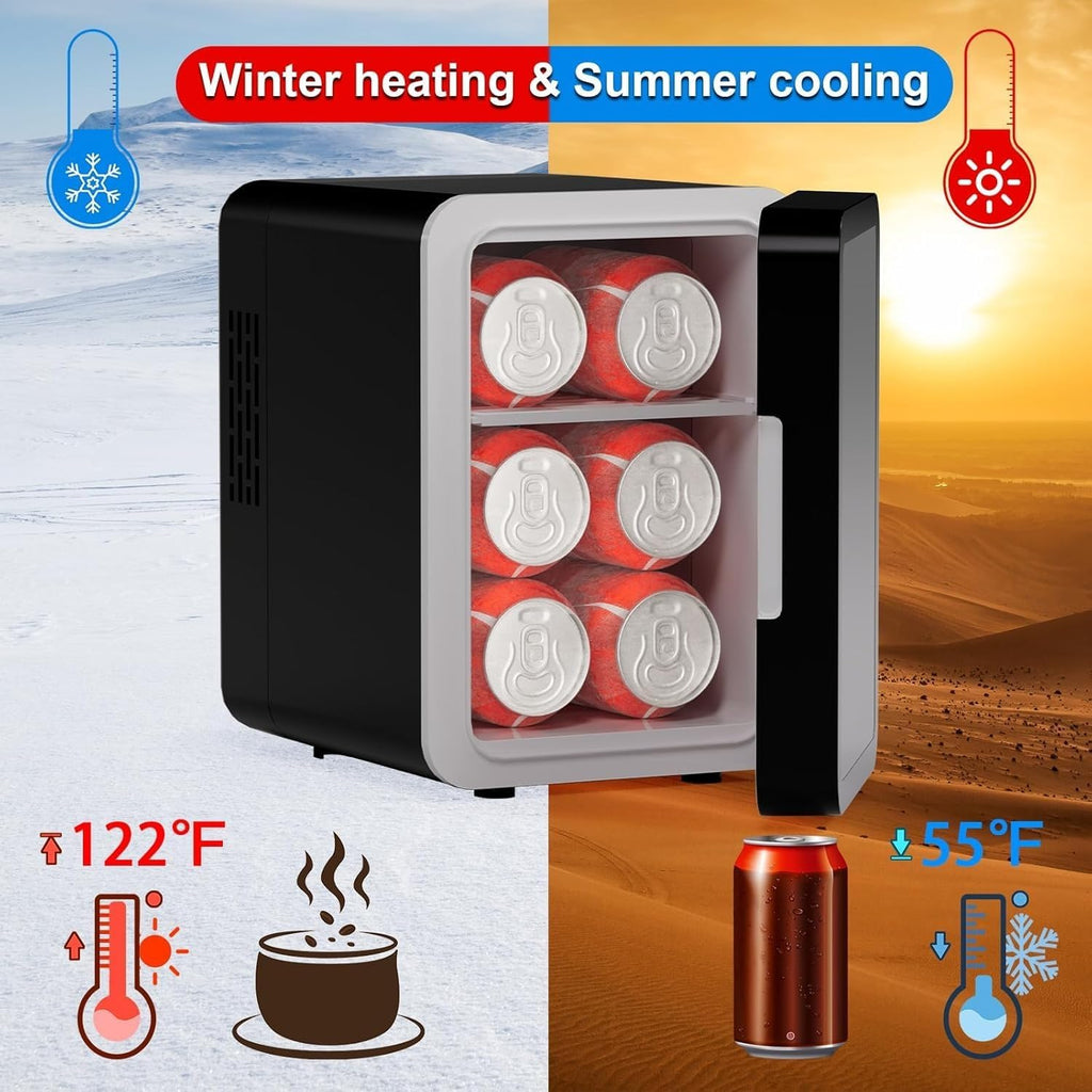 Mini Fridge, 6 Cans Small Refrigerator with Dimmable LED Light & Mirror Door, Portable Thermoelectric Cooler/Warmer