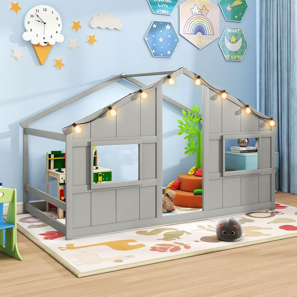 Twin Kids House Bed with Light Bulbs, Wooden Montessori Floor Bed Frame with Roof & Windows, Twin Floor Bed for Kids