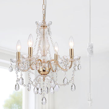 Plug in Crystal Chandelier,French Country Gold Crystals Chandelier Pendant Lighting
