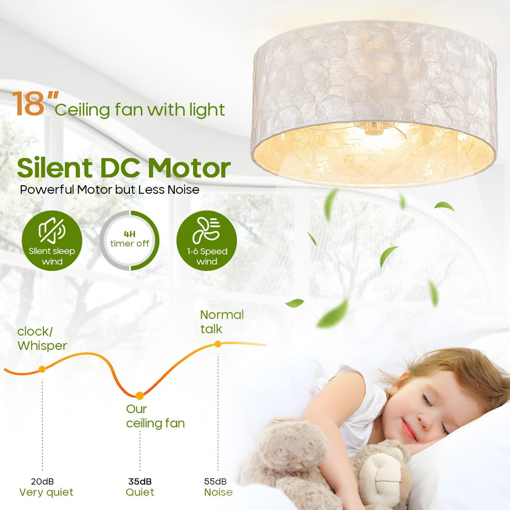 Boho Coastal Ceiling Fan with Light and Remote, Shell Shade