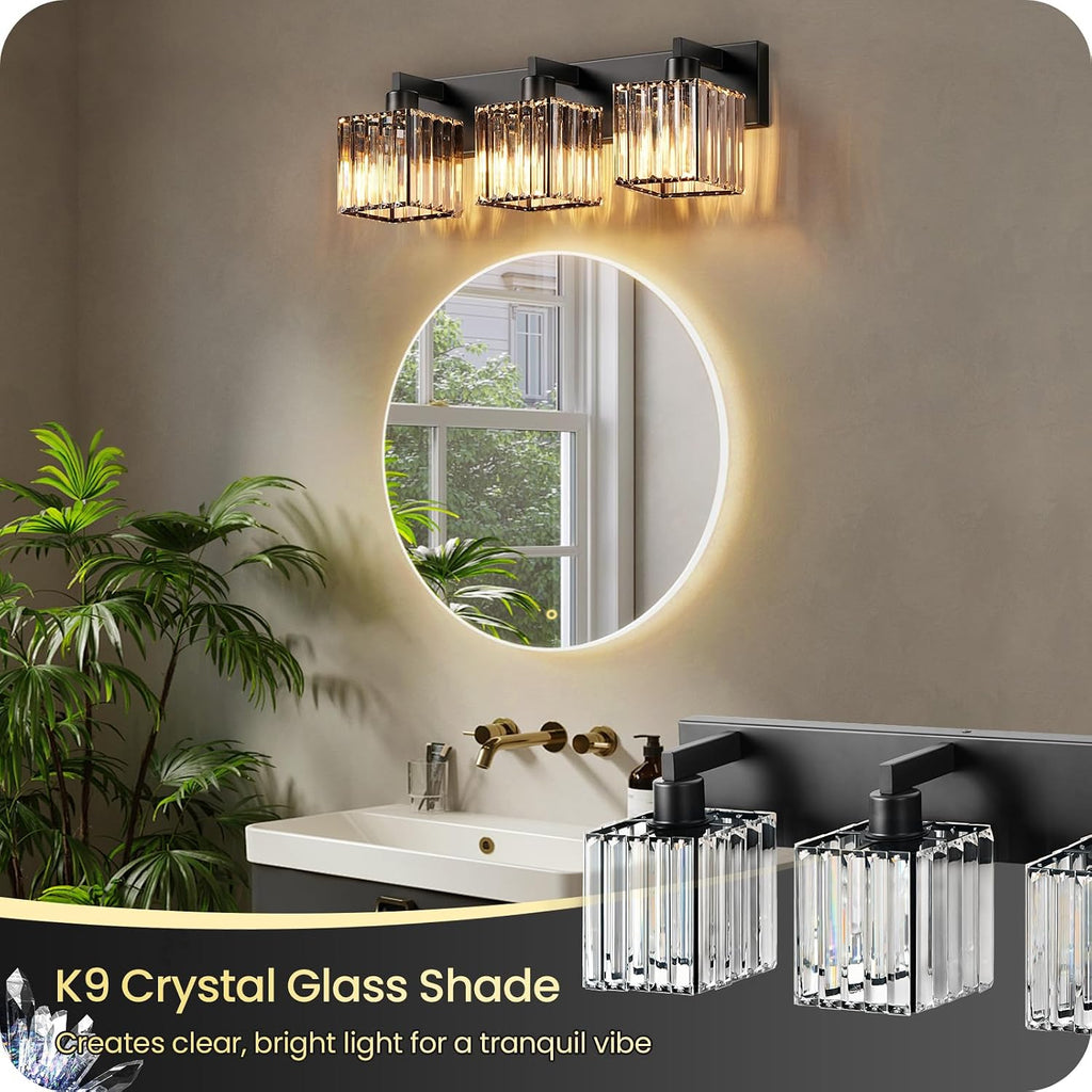 Modern Crystal Vanity Light, 3-Light Bathroom Light Fixture, 22" Square Vanity Lighting Fixture, E26 Base, Bulbs Not