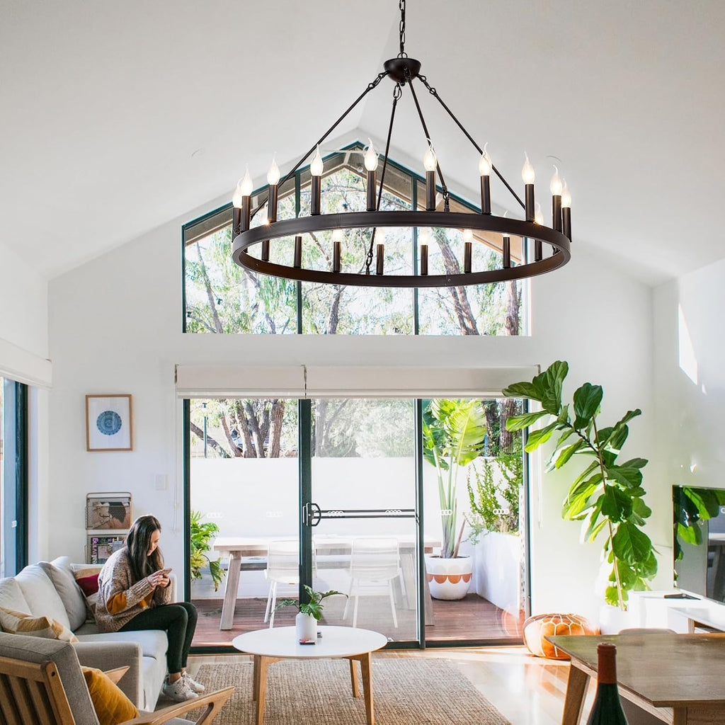 Black Wagon Wheel Chandelier 40 inch,20-Light Farmhouse Wagon Wheel Chandeliers Round Industrial Ceiling Light