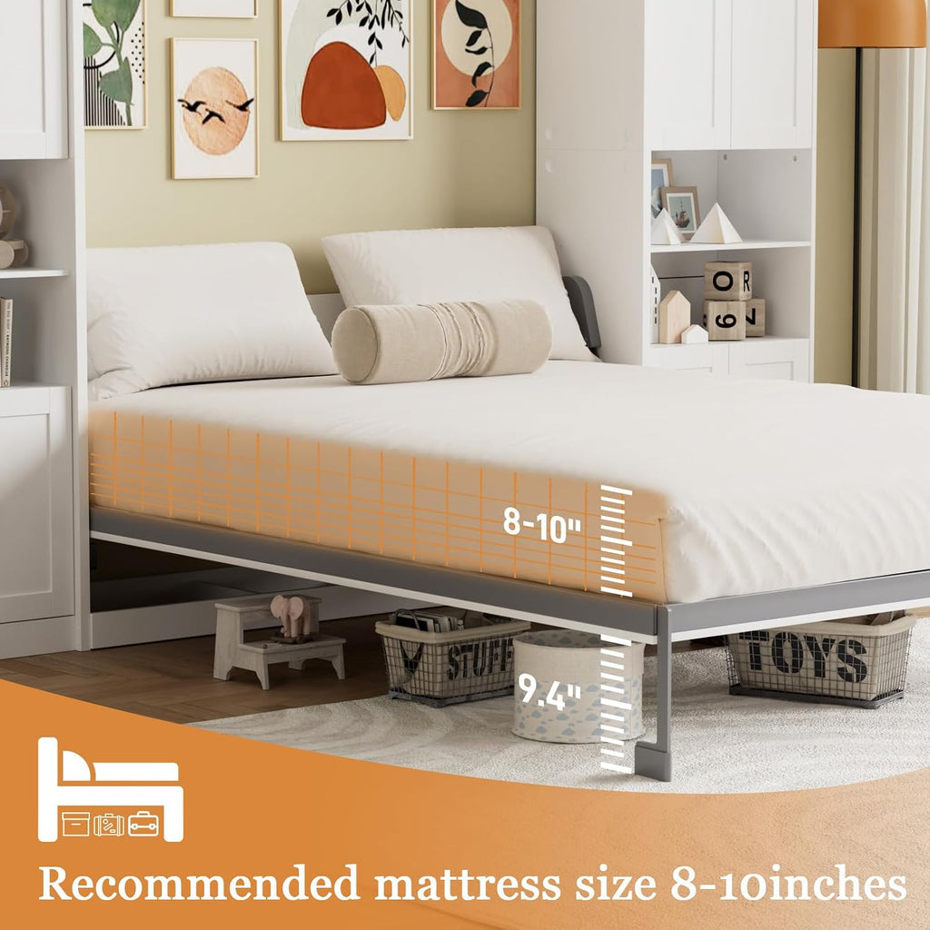 Queen Murphy Bed with 6 Adjustable Shelves & Storage Cabinets, Foldable Space-Saving Queen Wood Wall Bedframe with USB Charging Port, Hidden Bedframe for Bedroom, Guest Room, White