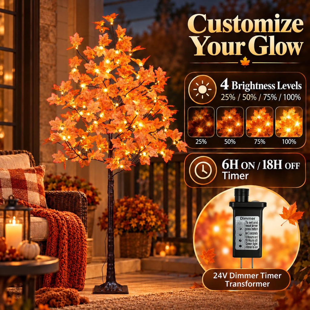 6FT Artificial Lighted Maple Tree Warm White Fall Decorations Indoor Ourdoor, Orange
