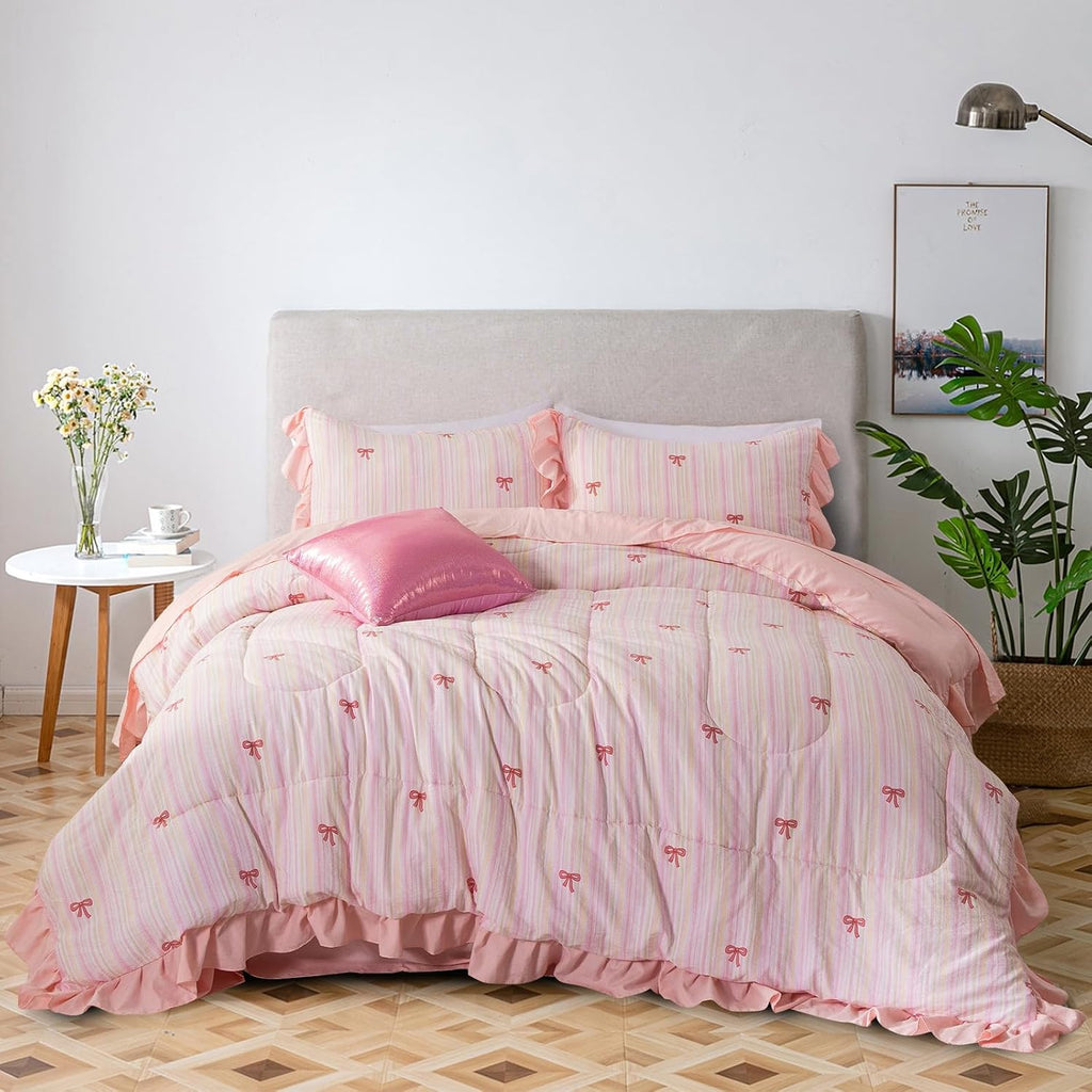 Rainbow Stripes & Bows Bedding,6pc Ruffle Girls Full Comforter