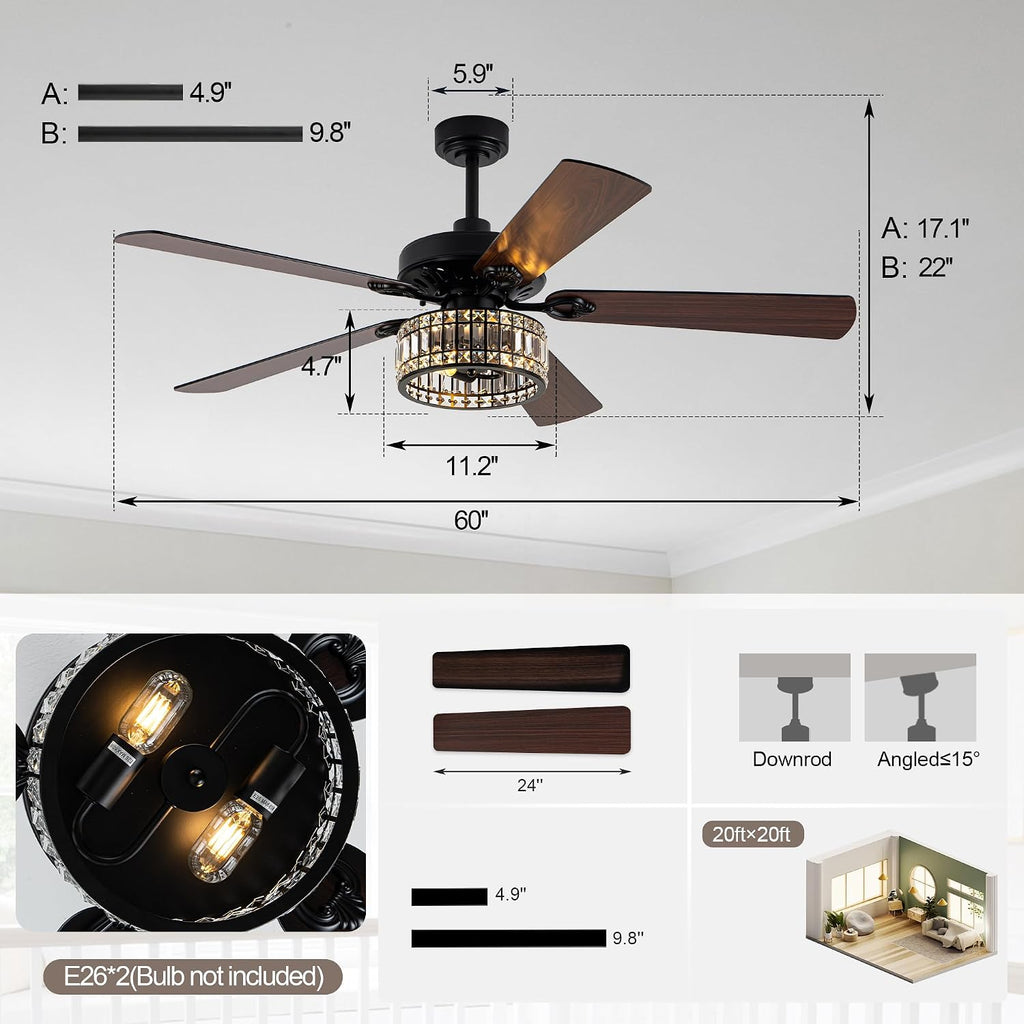 60" Vintage Black Ceiling Fan with Light, Large Crystal Chandelier Fan Fandelier Fan with 6-Speeds
