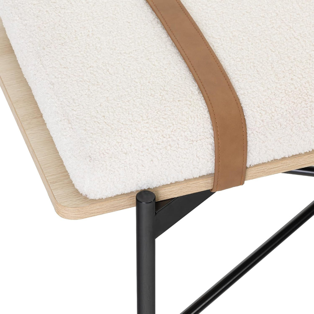 Thatcher Upholstered Entryway Bench with Removable Boucle Cushion, Vegan Leather Straps, and Matte Black Metal Legs