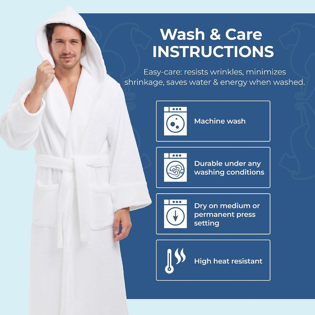 Hooded Terry Shawl Collar Unisex Bathrobe | Thick Terrycloth Fabric, Generously Sized Hotel & Spa Robe with Pockets