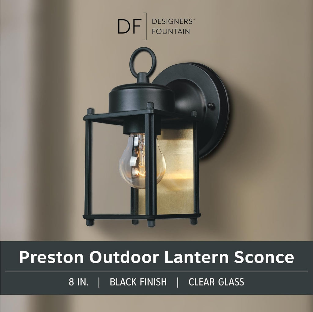 Preston Outdoor Light Fixture, 8 Inch Exterior Wall Lantern Sconce for Front Door, Patio and Porch, Black, 1161-BK
