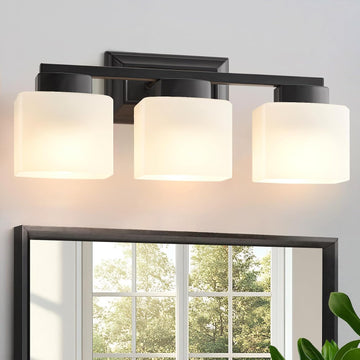 3-Light Bathroom Light Fixtures - Black Bathroom Vanity Lights with Frosted Glass Shade Modern Bathroom Lighting