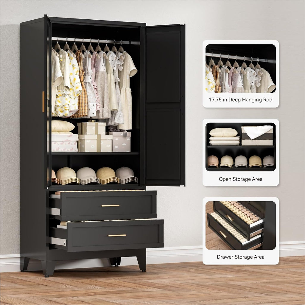 Armoire Wardrobe Closet with Drawers & Hanging Rod, 71'' Metal Wardrobe Closet with Doors & Adjustable Shelf