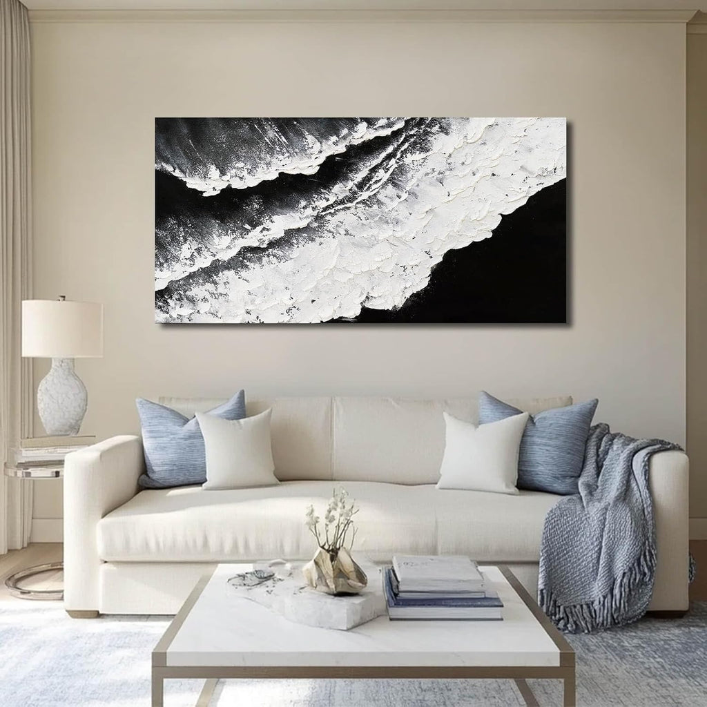 Black and White Wall Decor Sea Canvas Painting Neutral Abstract Wall Picture 24"x48" Artwork Large Wall Art Dining Room